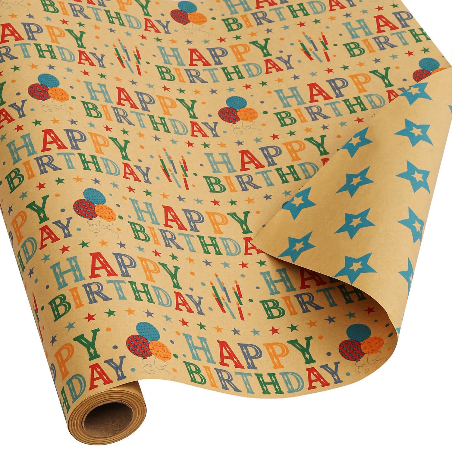 Kraft Birthday Wrapping Paper Roll For Boys Girls Kids Men Women - Reversible Happy Birthday Gift Wrap Paper For Holiday Party - 1 Roll, 17.2 Inch X 33 Feet