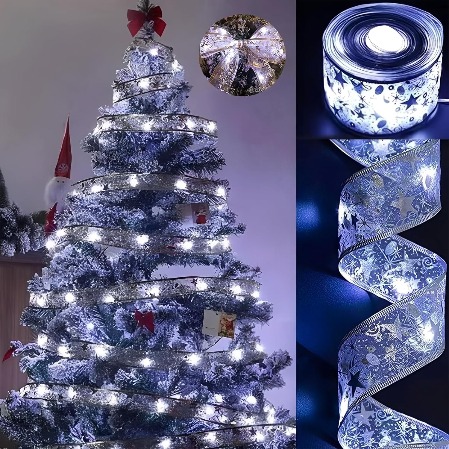 Christmas Tree Decorations 66Ft 200 Led Sliver Ribbon Fairy Lights Battery-Powered Copper Wire Bows For Christmas New Ye