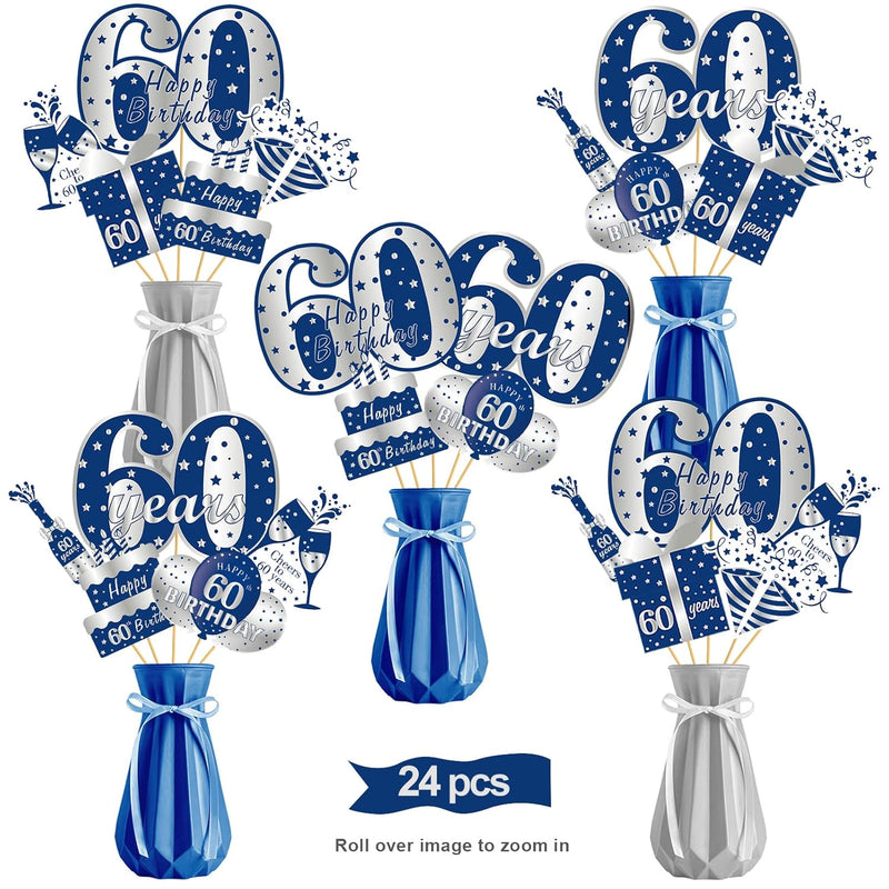 24Pcs Happy 60Th Birthday Decorations Table Topper For Men, Blue Silve