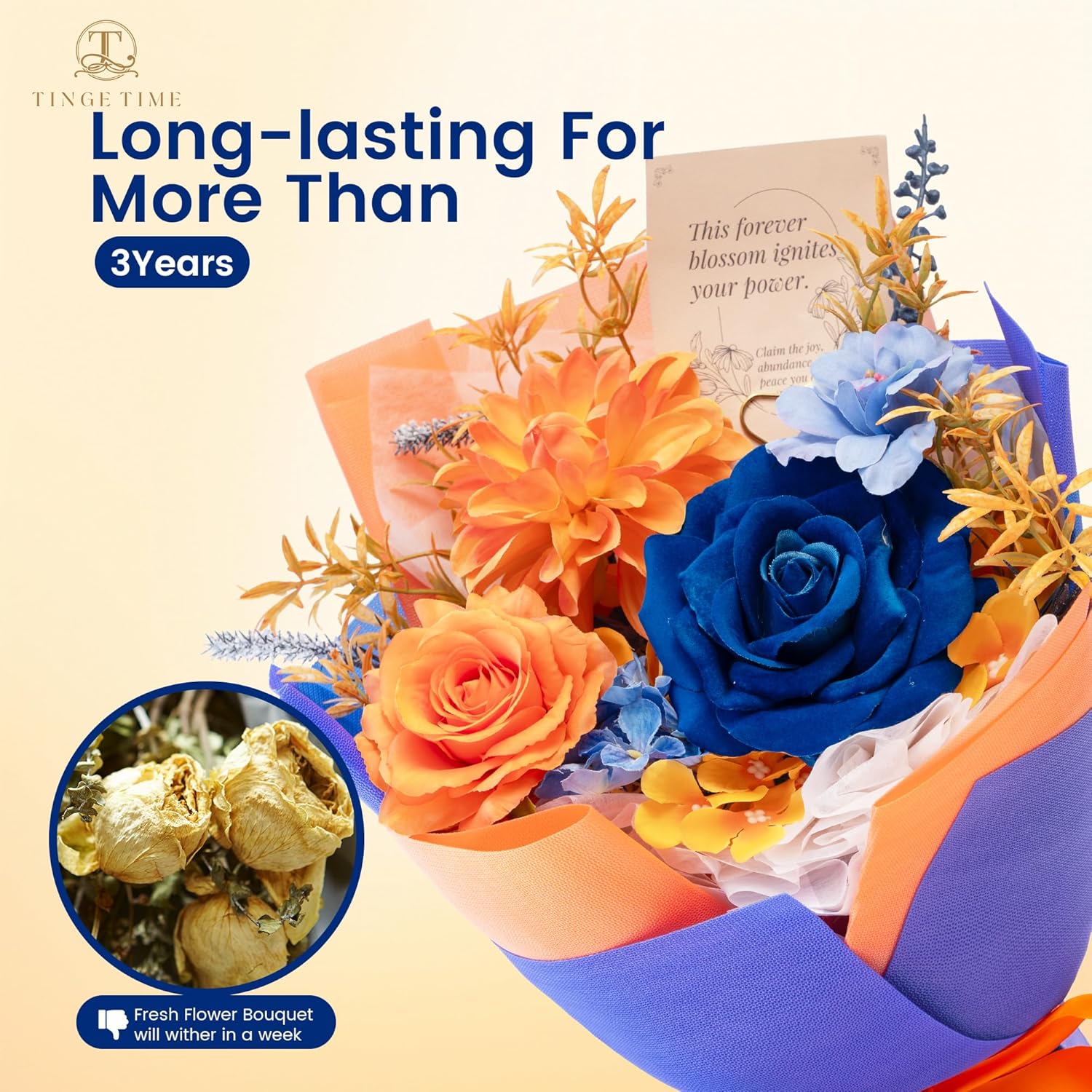 Preserved Flowers Bouquet, Orange & Navy Blue Roses Gift Bouquet, Aritifical Flowers Gifts For Women, Eternal Roses Bouquet For Wife Anniversary Christmas Anniversary Home Décor