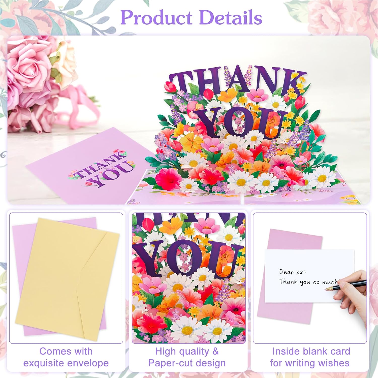 Pop Up Thank You Cards - 3D Paper Flowers Thank You Pop Up Cards With Envelope For Mom Dad Women Men Nurses Teachers Day Appreciation Gift
