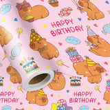 Pink Capybara Birthday Wrapping Paper Roll, Cartoon Capybara With Gifts, Balloons Cake Design For Kids Birthday Parties & Gift Wrapping, Mini Roll 17 In X 16.4 Feet