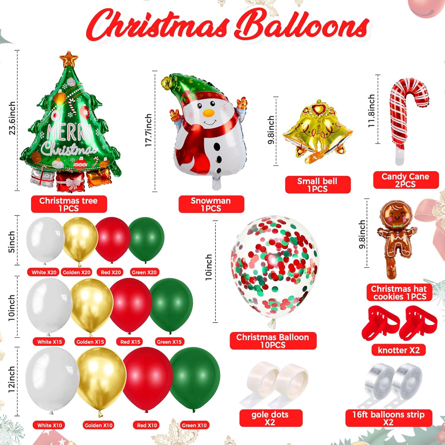 Christmas Balloon Garland Arch Kit, 202 Pcs Xmas Red White Green Gold Balloons With Snowman Candy Cane Santa Claus Foil Balloons For Christmas Party Decorations