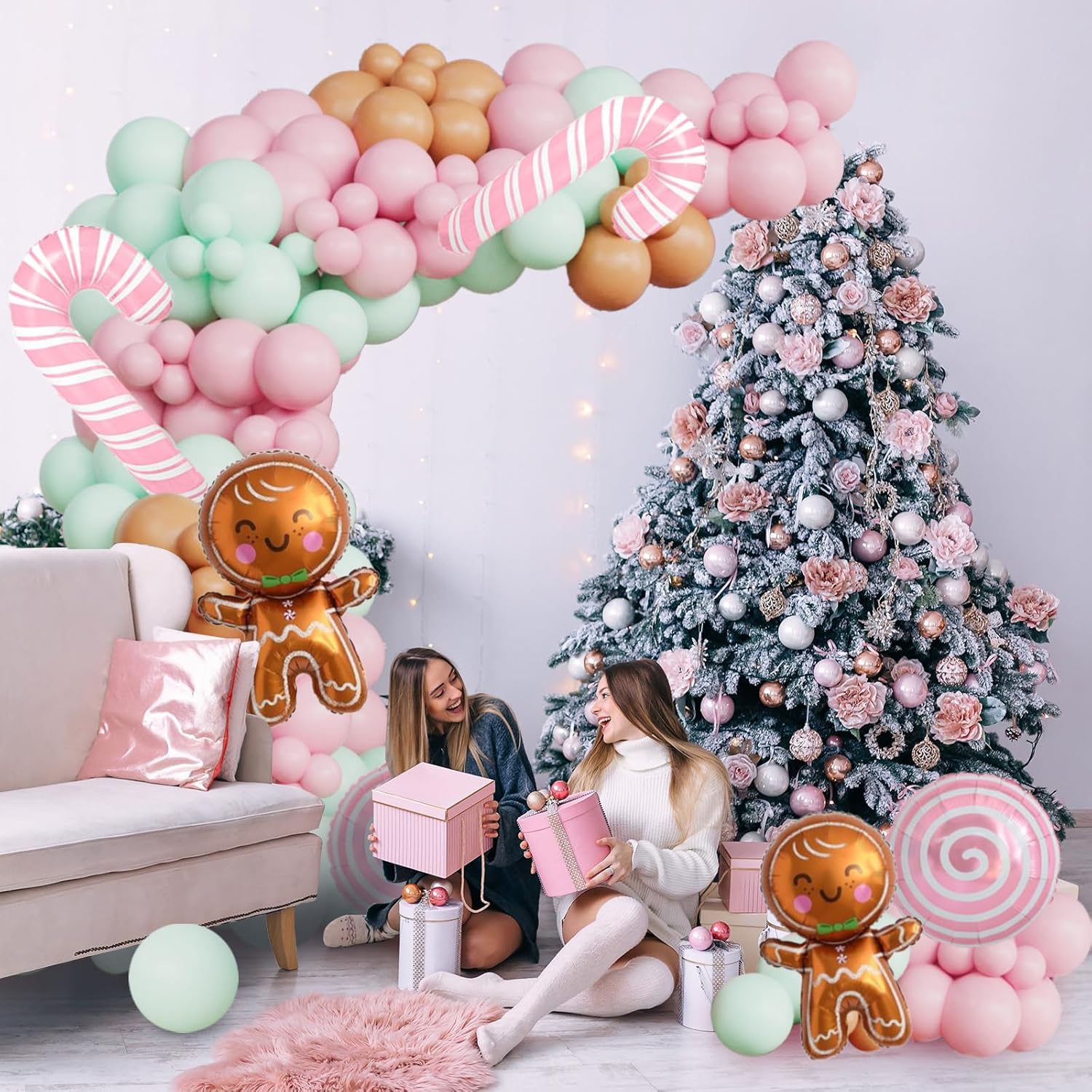 Gingerbread Balloon Arch 139Pcs Christmas Balloon Garland Arch Kit Pastel Pink Green Balloons Arch Kit With Pink Candy Cane, Candy, Gingerbread House Balloons For Xmas Holiday Party Decorations