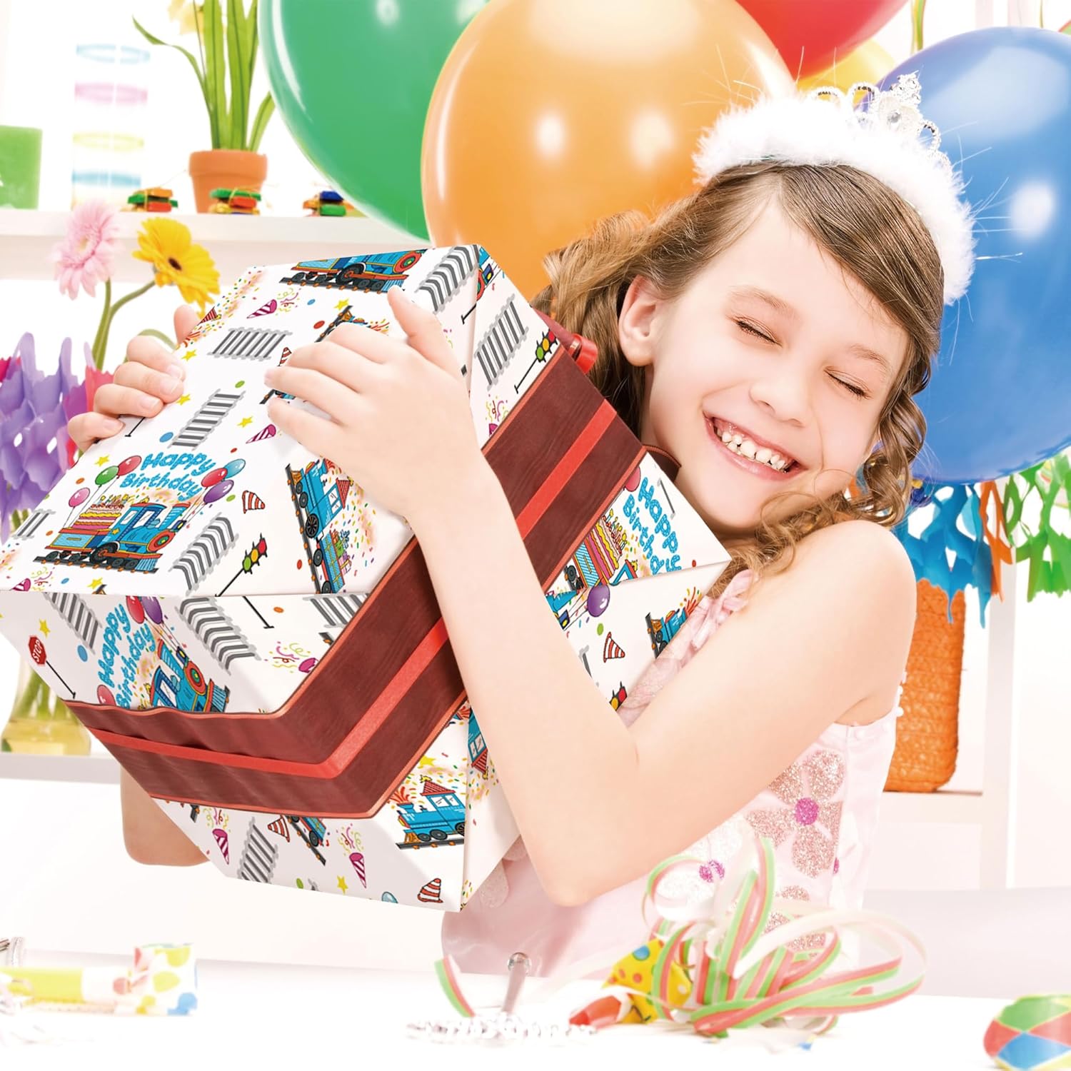 Birthday Train Wrapping Paper For Boys Kid - White Gift Wrap With Train Happy Birthday Balloons, Cake And Gifts Train Tracks For Baby Shower - 28X40 Inches, 4 Folded Sheets