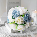 Wedding Bouquets For Bride & Bridesmaid - Realistic Silk Flowers Artificial Roses, 8 Inch Bridesmaid Bouquet For Ceremony, Church, Anniversary, And Home Decoration (White & Blue)