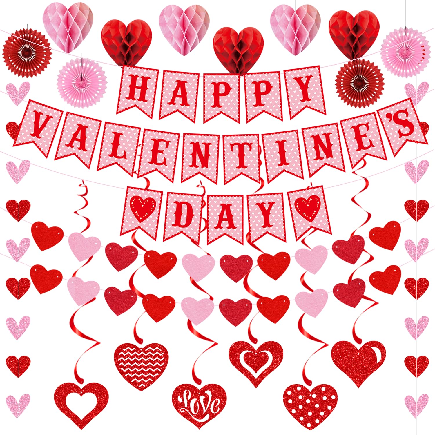 Valentines Day Decorations Set Happy Valentine'S Day Banner Felt Heart Garland Banner Red Pink Hanging Heart Honeycomb Glitter Hanging Swirls For Valentines Day Party Supplies Home Wedding Decor