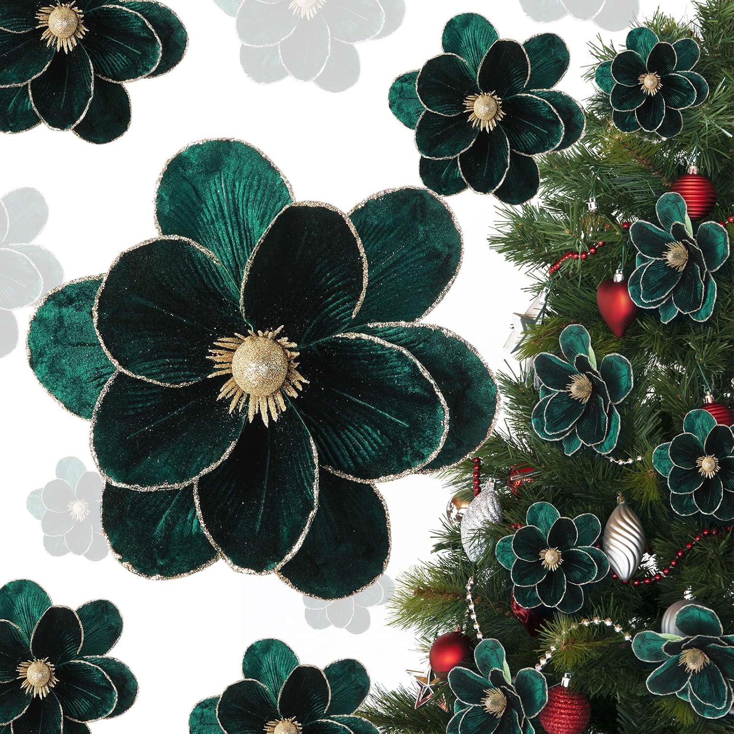 12 Pcs Large Velvet Christmas Poinsettia Magnolia Flowers Ornaments Glitter Big Heads Artificial Magnolia Flowers For Decoration Wedding Decor Supplies(Dark Green)