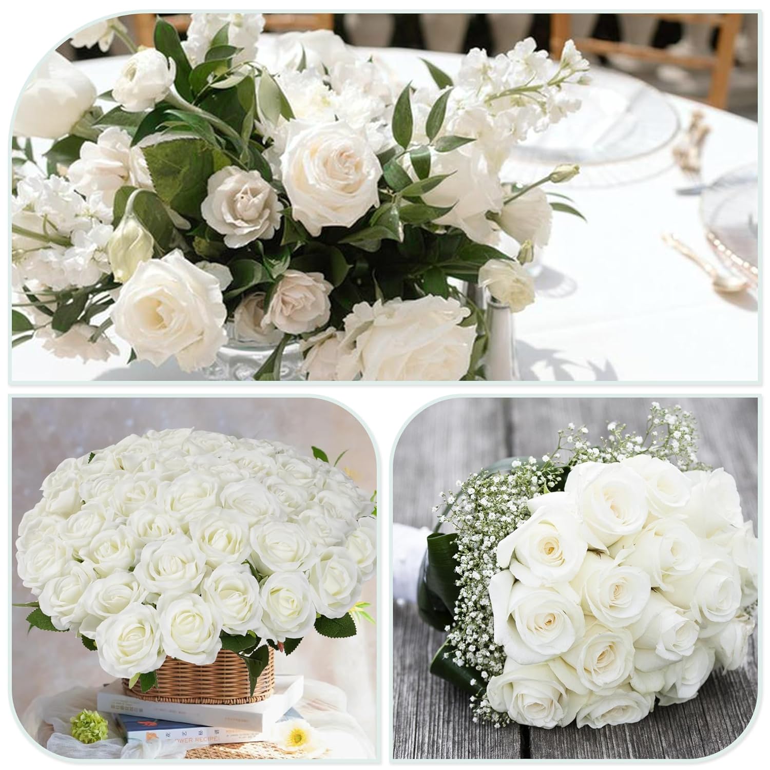 White Roses Artificial Flowers Bulk, 52Pcs Fake Roses White Flowers, Diy Silk Faux Roses Bouquet, Realistic White Faux Flowers Mohter'S Day Valentine'S Day Decor