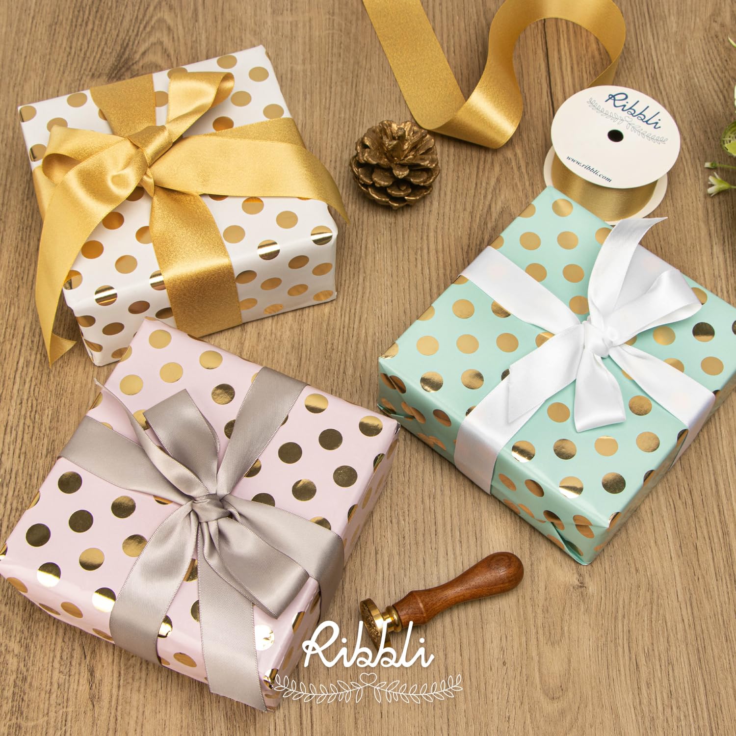 Birthday Wrapping Paper Polka Dots Gift Wrap For Baby Shower Roll, 3 Rolls Pink White Blue Dots Pattern With Gold Foil - 17 Inch X 120 Inch(10Feet) Per Roll