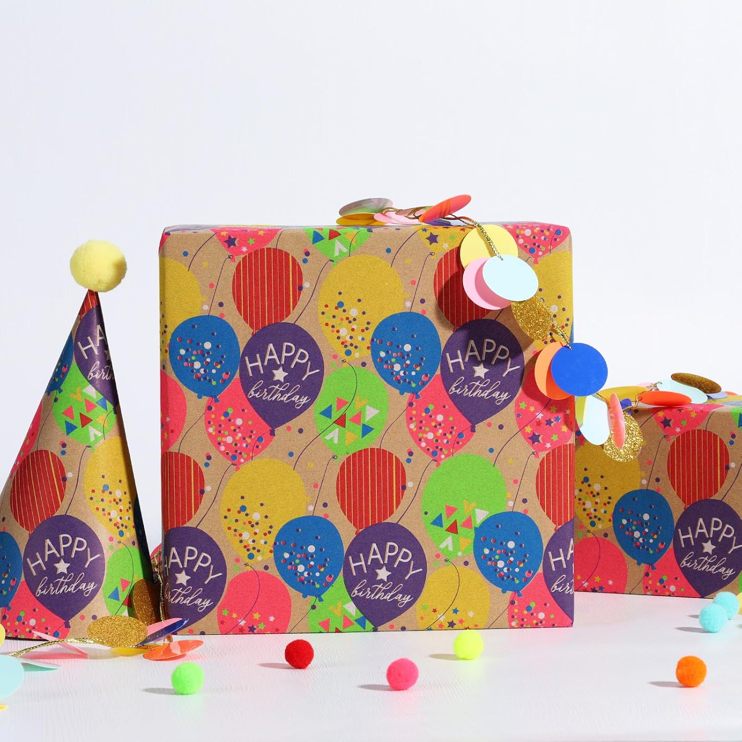 Kraft Wrapping Paper Roll Colorful Balloons Design Perfect For Birthday Holiday Wrap 17 Inch X 33 Feet