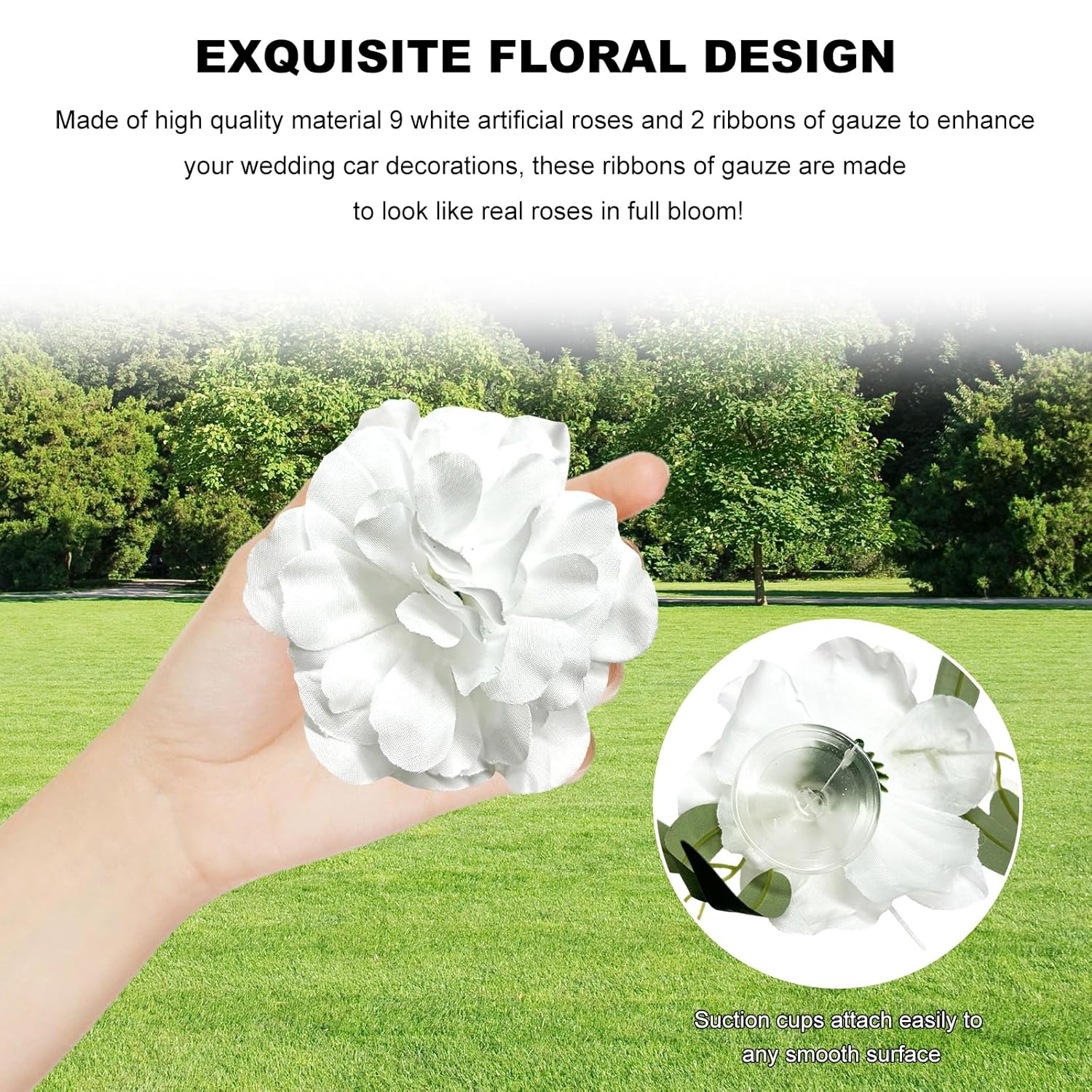 Wedding Car Decorations, Artificial Flowers Bouquet & Ribbon Set Car Front Wedding Decor, Floral Ribbon Set Bridal Cars Decoration For Rear View Mirror Engine Hood (White)