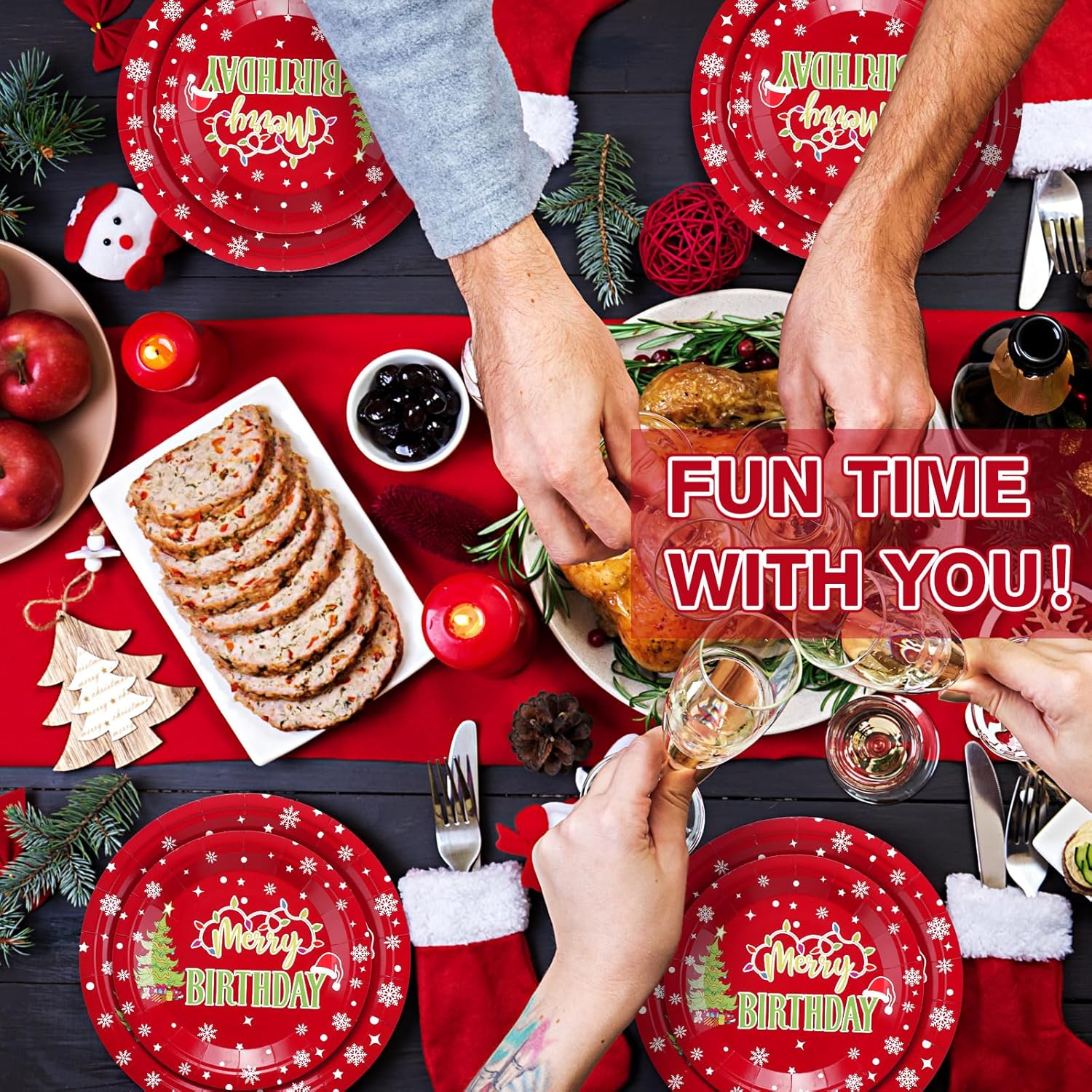 96 Pcs Christmas Birthday Decorations Set Merry Birthday Christmas Paper Plates And Napkins Forks Disposable Xmas Tableware Set For Xmas New Year Decorations, 24 Guests