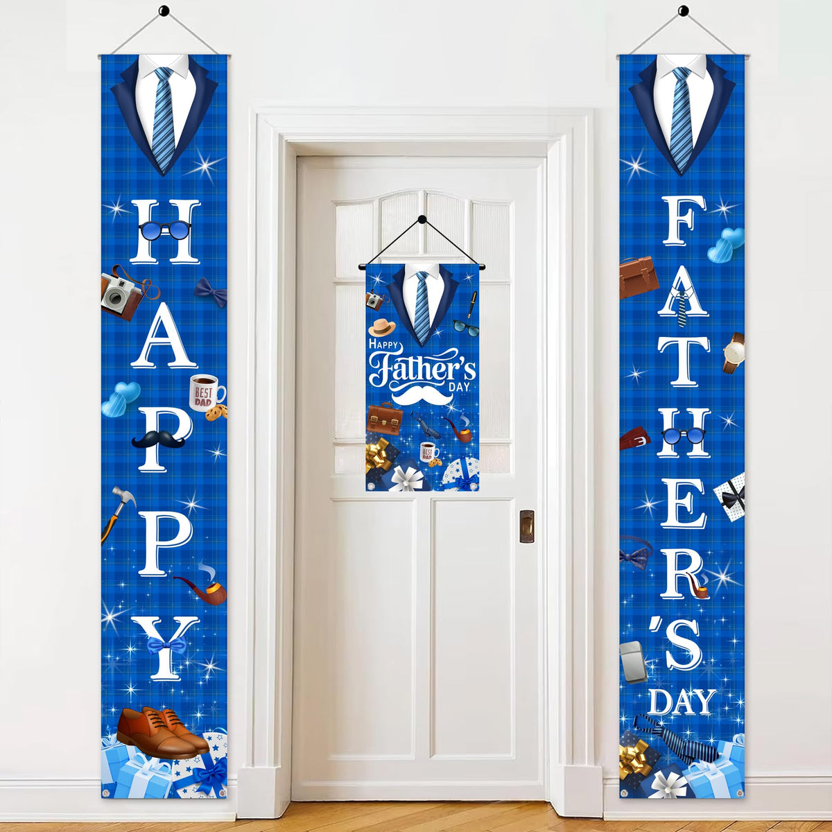 Happy Fathers Day Banner Decorations - Father's Day Hanging Porch Sign Party Decor Blue, Best Dad Ever Door Banner for Fathers Day Party 70.8 x 11.8 Inch