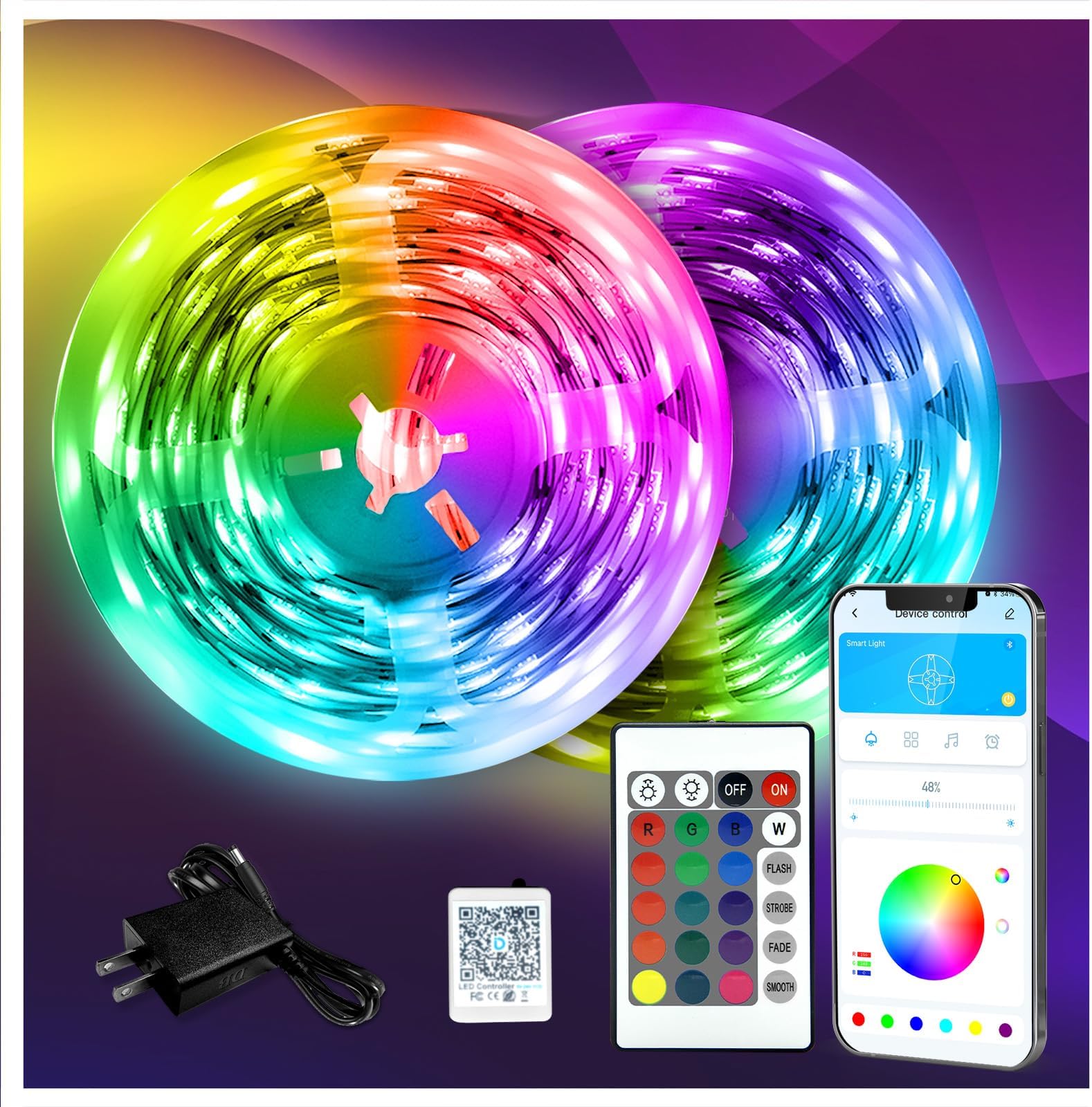 130FT RGB LED Strip Lights Remote Control 24V Bedroom Room Desk Indoor Decor Lighting