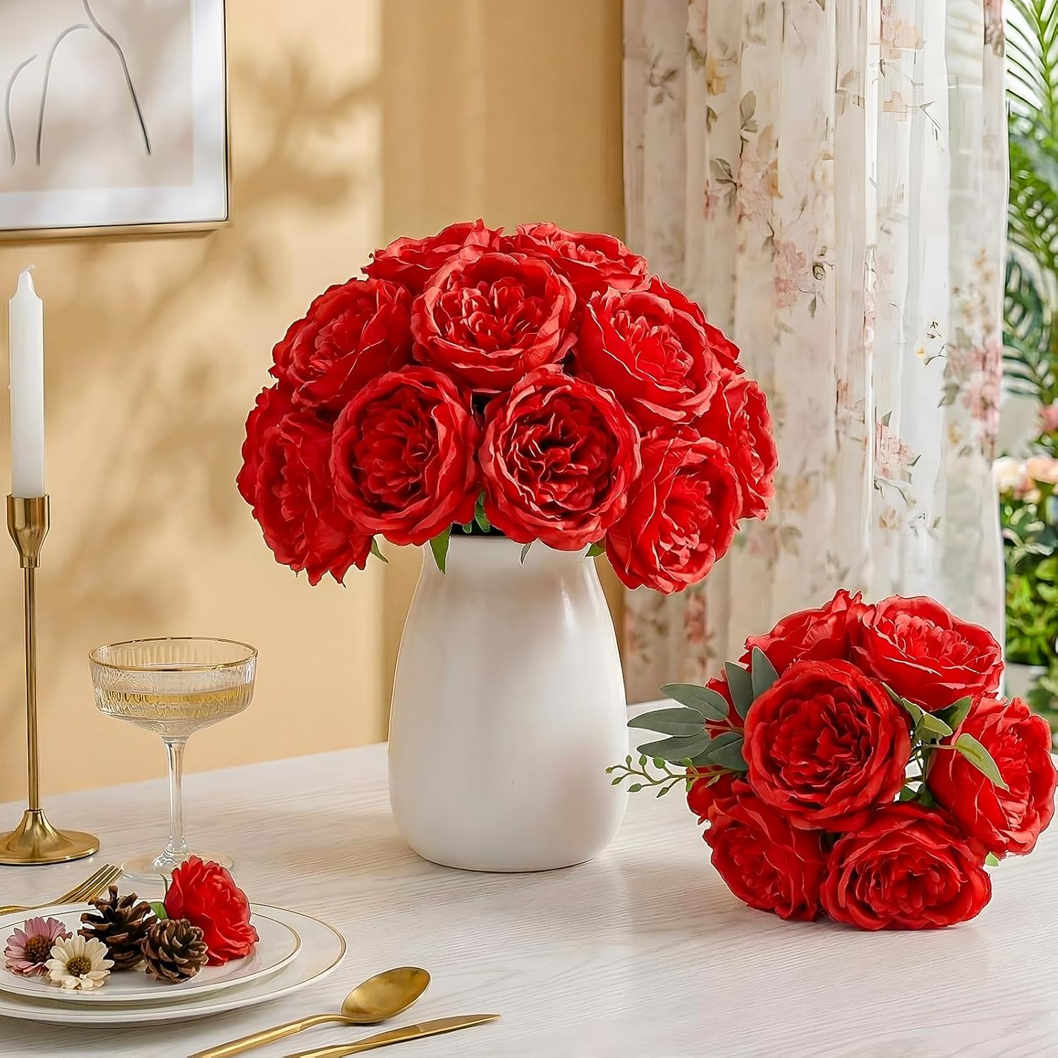 36 Pack Artificial Austin Rose Peonies 4.7 Inch Real Touch Fake Flowers Silk Flowers Faux Fabric Peony With Stems And Leaves For Wedding Centerpiece Home Table Decor Party(Burgundy)