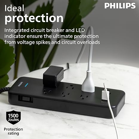 Philips 7 Outlet Surge Protector 1 USB A 1 USB C 6FT Braided Cord