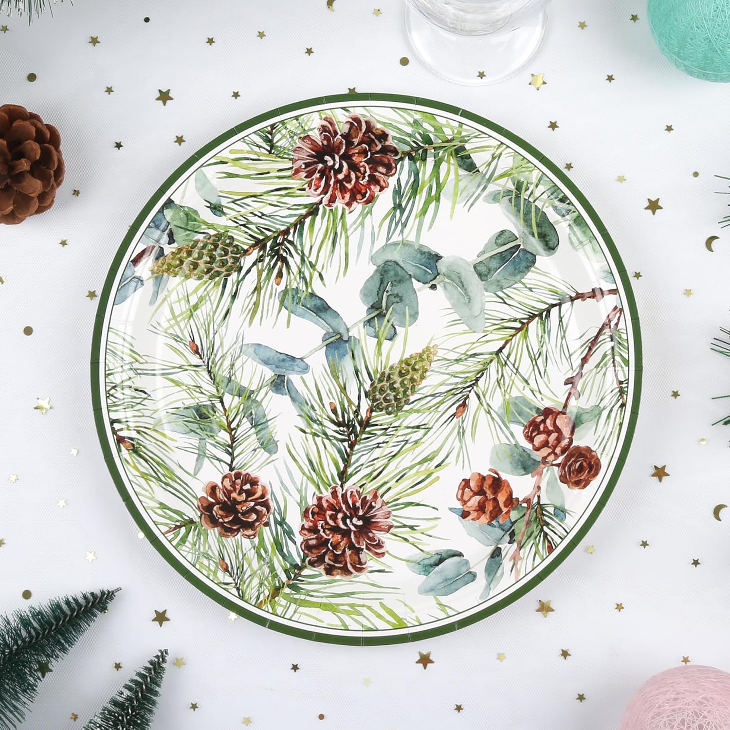 48Pcs Christmas Party Plates Winter Pine Cones Paper Plates 9 Inch 7 Inch Watercolor Pine Branches Cones Eucalyptus Disposable Round Dinner Dessert Plate For Xmas Holiday Party Supplies