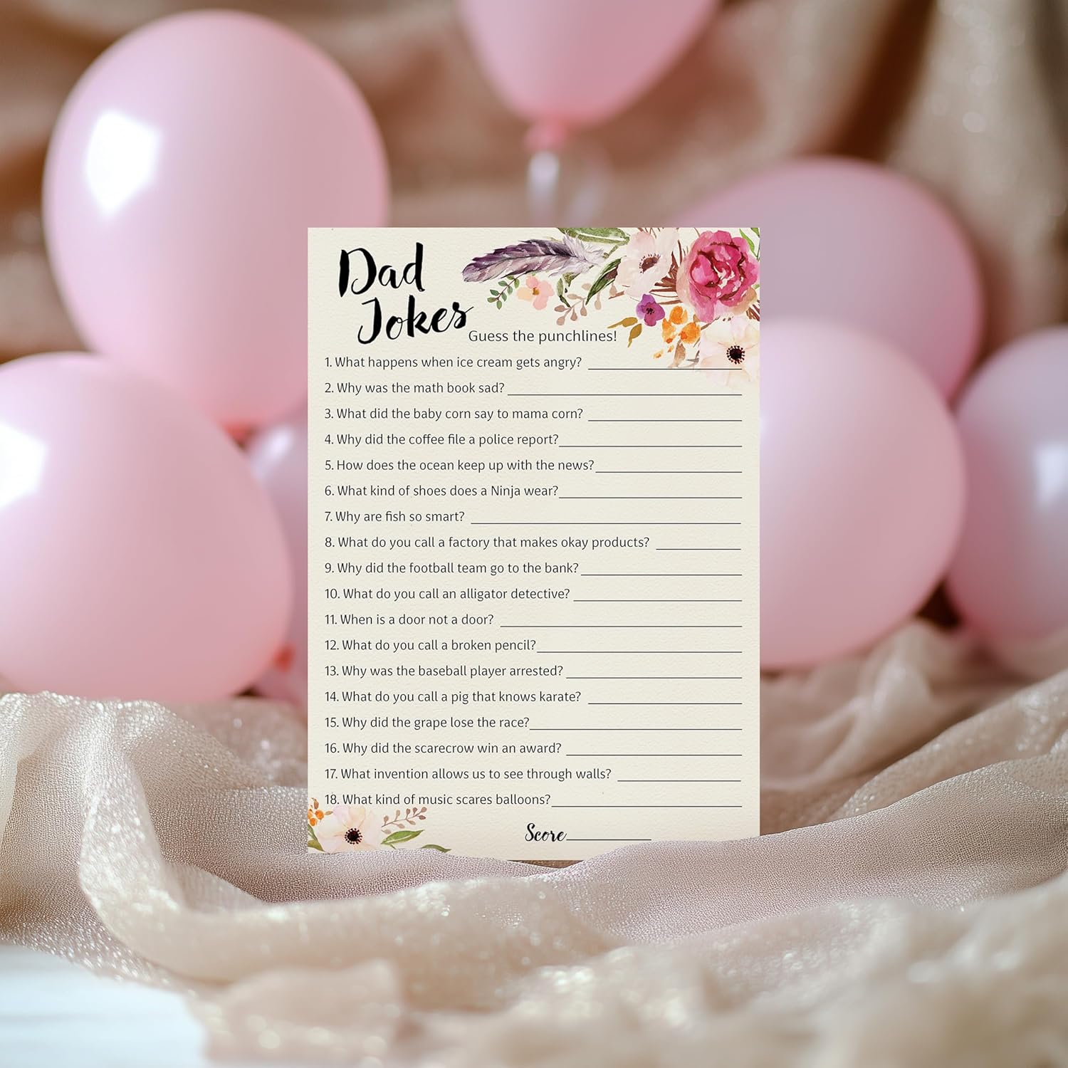 Boho Dad Jokes Baby Shower Games, Daddy Jokes Shower Trivia Games — Pack Of 25 — Fun Dad Joke Game, Girl Bohemian Pink Floral Funny Joke Trivia, Rustic Sprinkle Gender Reveal Party, Birthday G400-Djk
