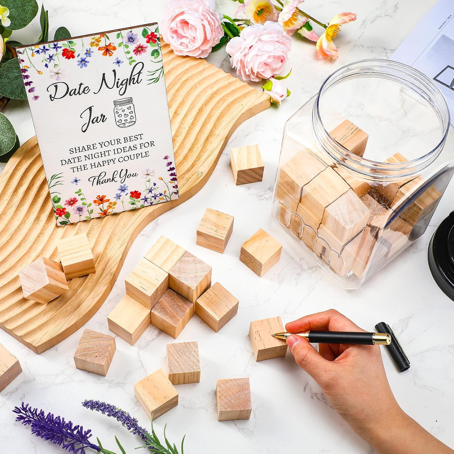 Bridal Shower Games Include 50 Wooden Block 1 Date Night Jar 1 Wooden Game Sign 2 Pens For Wedding Reception Games Gifts Date Idea Newlyweds Bridal Shower Party Favors(Wildflower)