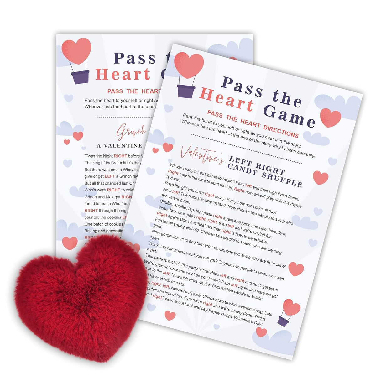 Valentine'S Day Left Right Story, Pass The Heart Game, 2 Story Cards & A Red Fluffy Heart, Valentine'S Day Party Games & Supplies - A03
