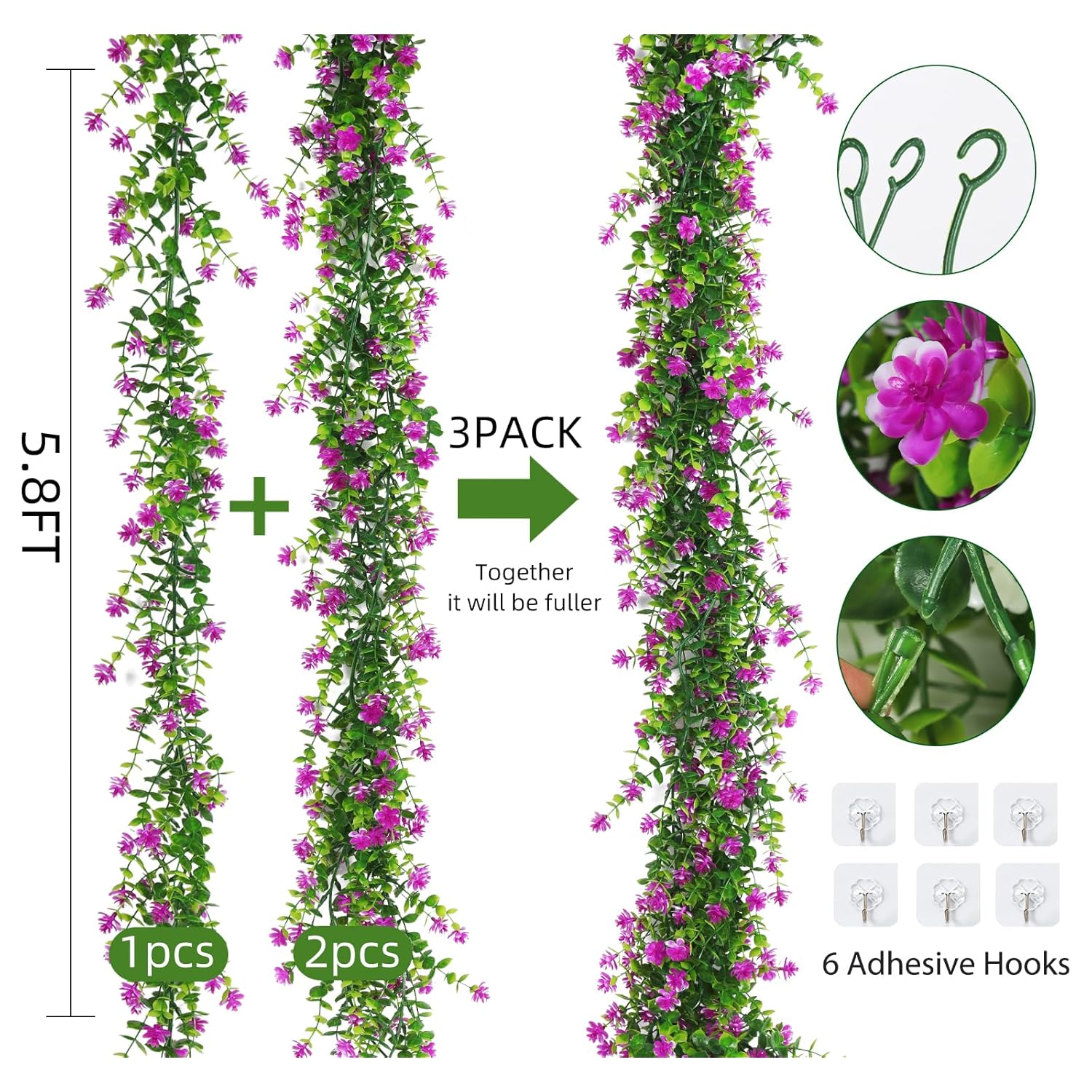 Hanging Garland Plants Artificial Flowers Fake Eucalyptus Greenery Garlands Leaf Garland With Flowers Hanging Faux Vine Plants For Spring Wedding Arch Backdrop Home Wall Party Decor 3 Pcs (Fuchsia)