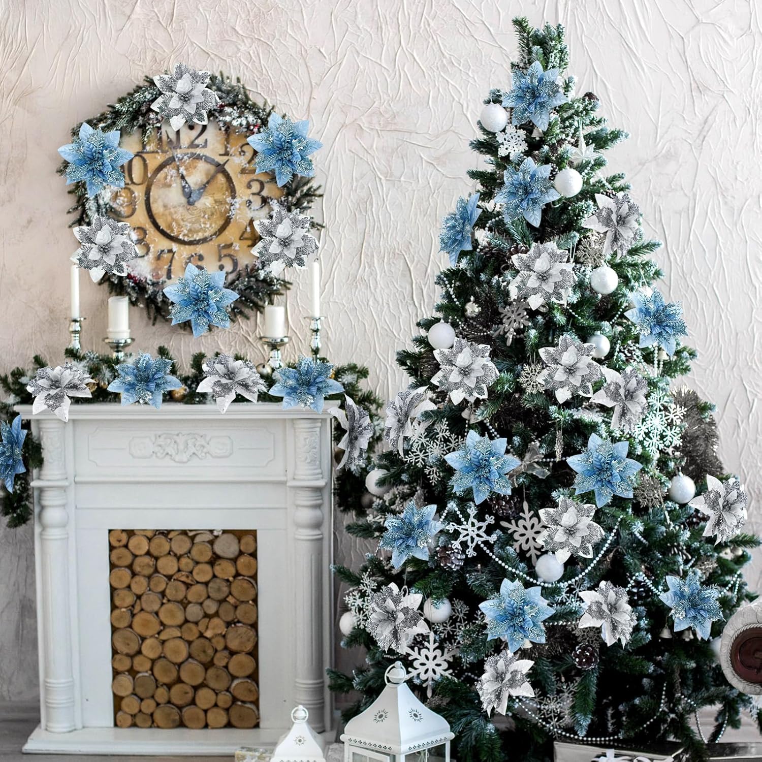 30 Pcs Poinsettia Christmas Artificial Glitter Flower Xmas Flower Poinsettia For Xmas Christmas Tree Craft Decor(Light Blue, Silver)