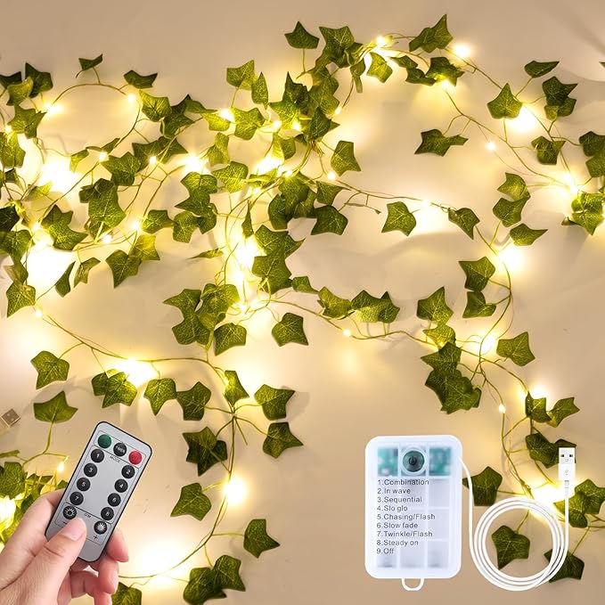 33FT Artificial Ivy Vine with 100 LED Fairy Lights Fake Plant Garland for Bedroom Wall Decor Living Room Office Wedding Party Farmhouse Dorm Aesthetic Home Decoration