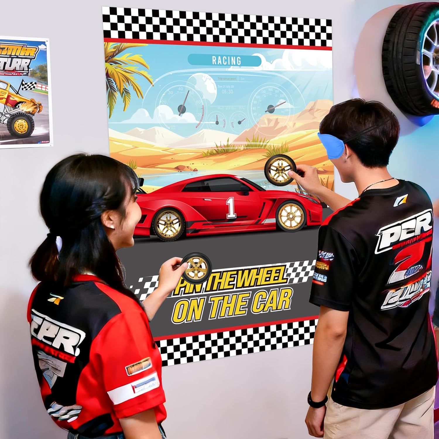 Pin The Wheels On The Car Games, Cars Party Game With 30 Gold Tyres Stickers, 2 Blindfolds For Car Theme Birthday Party