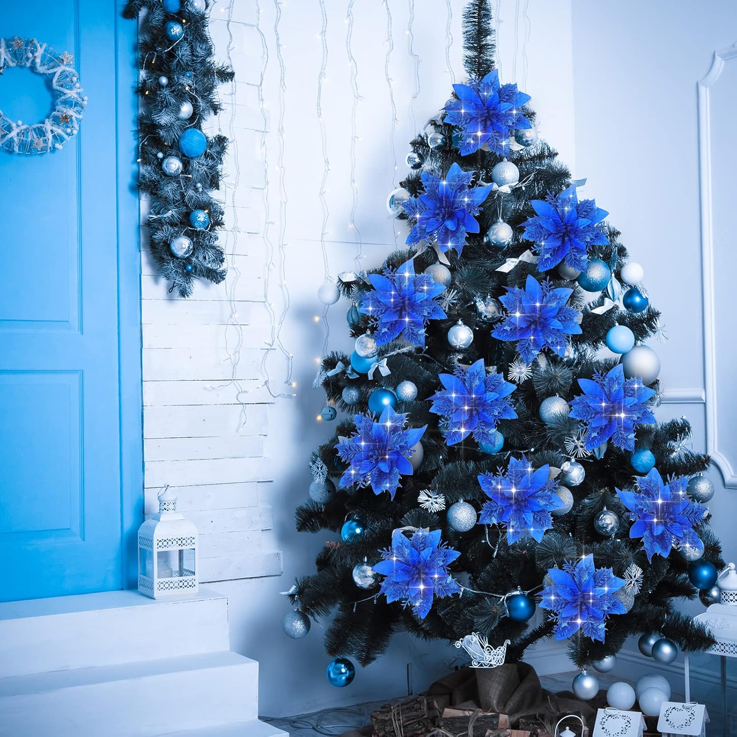 24 Pieces Poinsettia Christmas Decorations Glitter Poinsettia Flowers 5.5 Inch Poinsettias Artificial Christmas Flowers For Christmas Tree Ornament Party Decorations Wreath Garlands(Royal Blue)