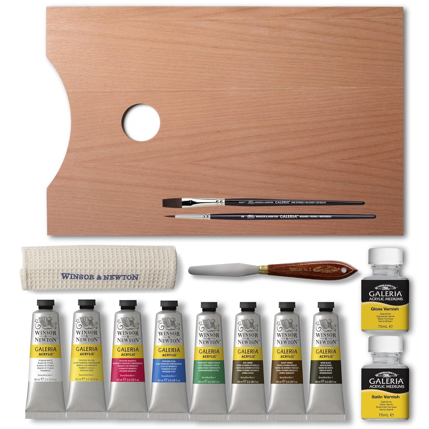 Winsor & Newton Galeria Acrylic Paint, Wooden Set 8 x 60ml Tubes (includes 2 Brushes, 2 Varnishes, Knife, Cloth)