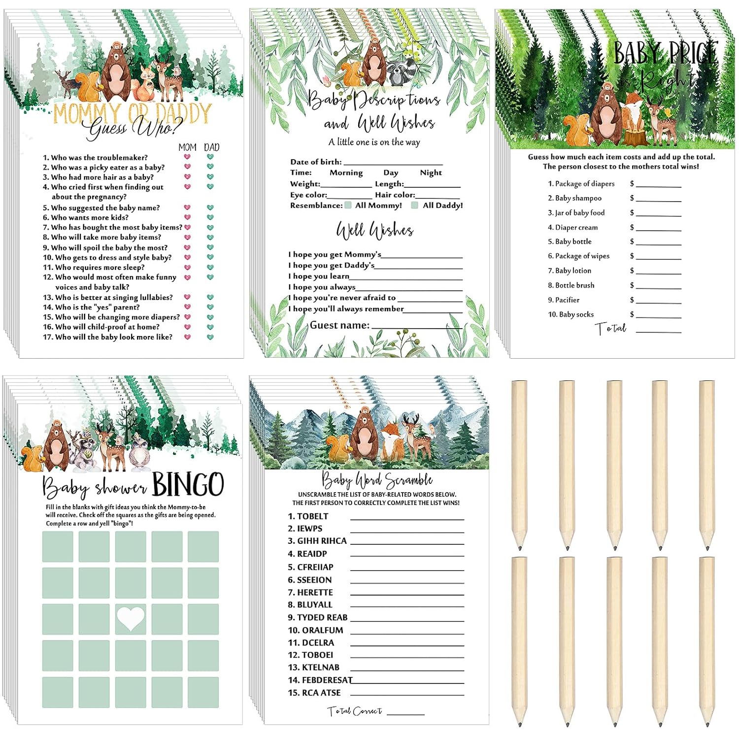 135 Pieces Woodland Baby Shower Game Cards Forest Animals Baby Shower 5 Set (25 Cards Each) With 10 Pencils Predict Who Mommy Or Daddy Well Wishes Woodland Creatures Theme For Boy Girl