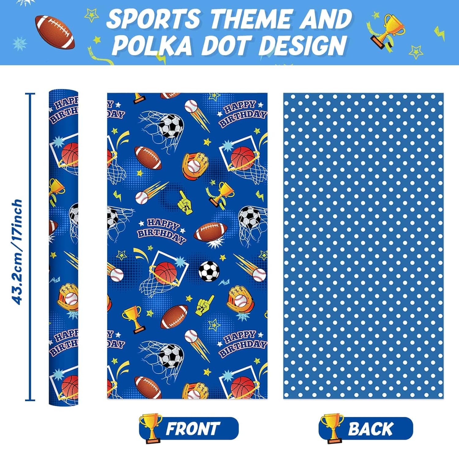 Sport Ball Wrapping Paper Roll - 1 Roll 17” X 33 Ft Happy Birthday Wrapping Paper For Kids Boys Blue Sports Gift Wrap With Football Basketball Design For Birthday Baby Shower Party Favor