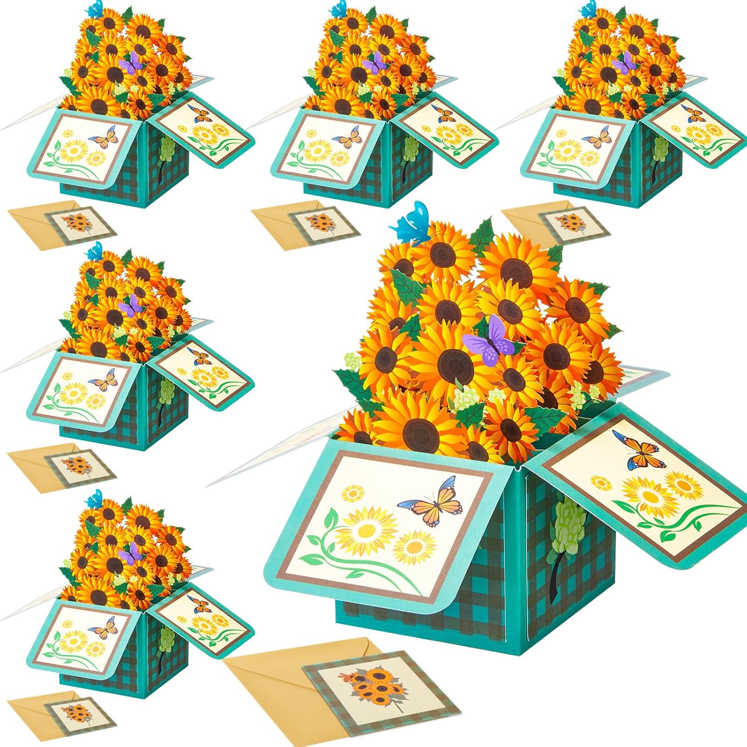 6 Pack Spring Thank You Card Sunflower Pop Up Card Mom Floral Greeting Cards 3D Paper Flowers Bouquet For Mother'S Day Home Women Parents Birthday Wedding Gifts(Sunflower)