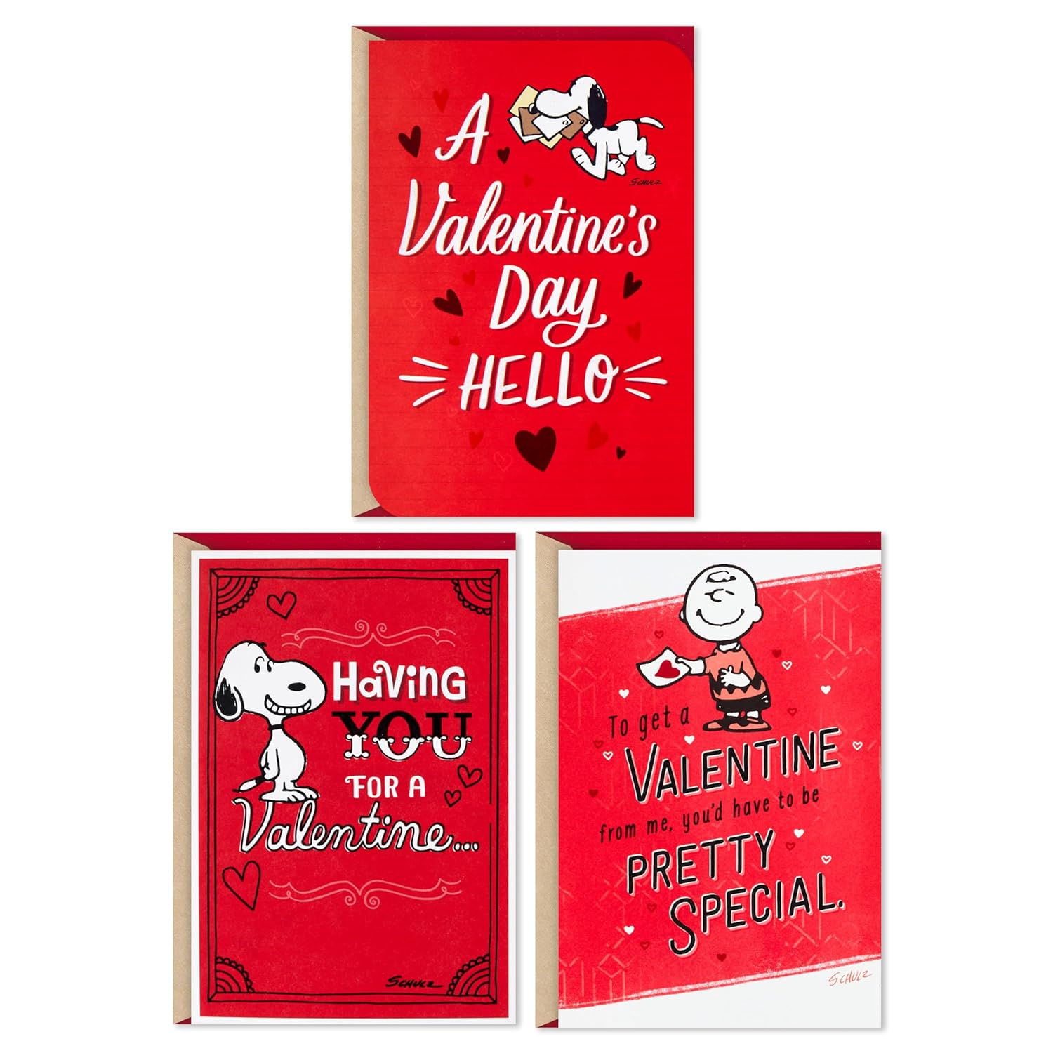 Hallmark Pack of 3 Peanuts Valentines Day Cards (Snoopy and Charlie Brown)