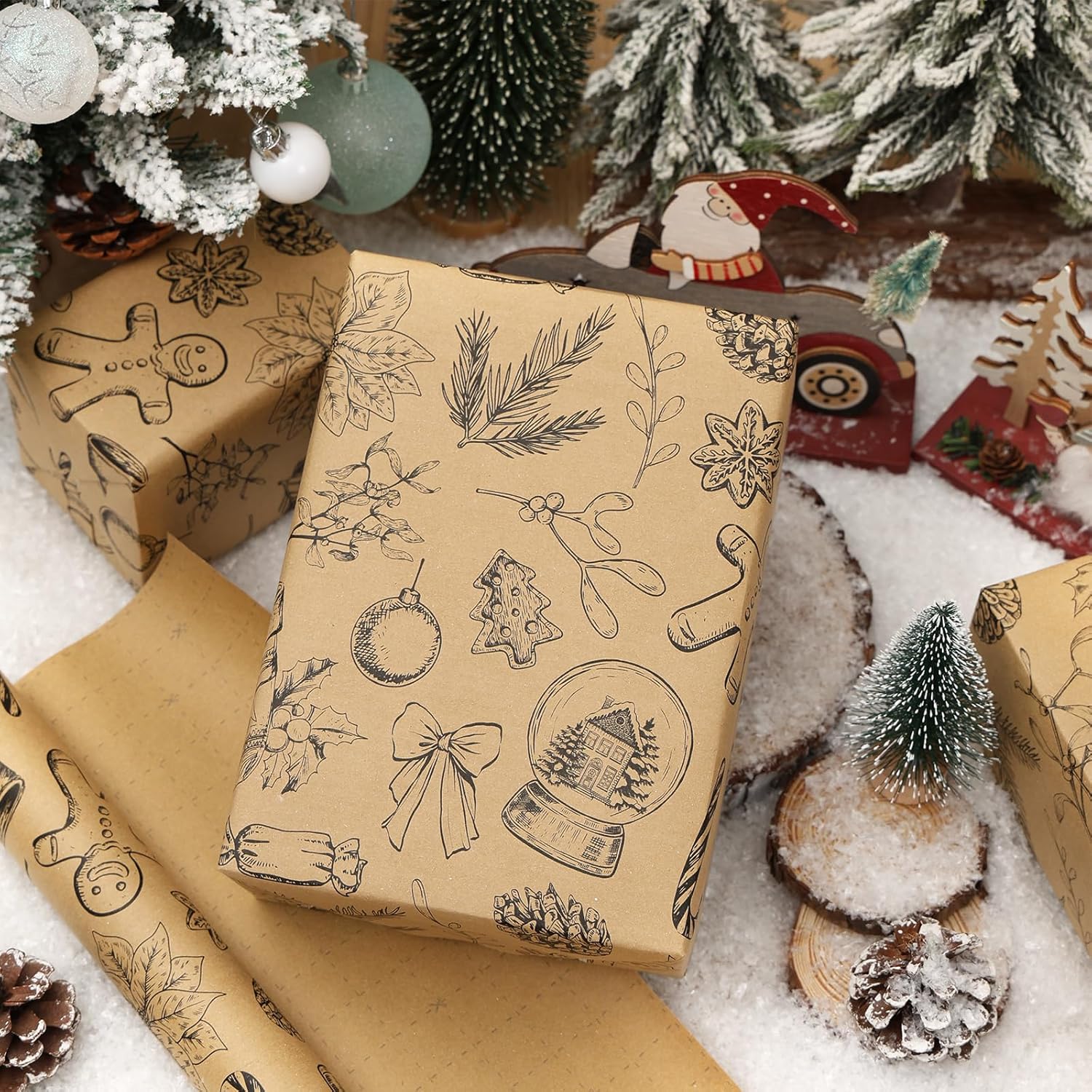 Christmas Wrapping Paper Roll - Brown Kraft Vintage Gift Wrapping Paper For Xmas,Birthday,Seasonal Winter Holiday Party - 3 Mini Roll -17In X120In Per Roll(42.3 Sqft)