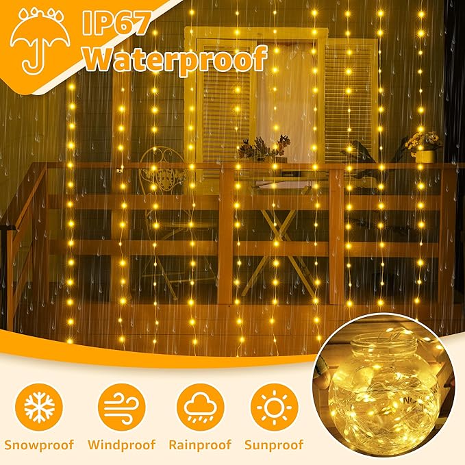 300 LED Curtain Lights 9.8FT x 9.8FT Waterproof Connectable Fairy String Lights with Remote 8 Modes Timer Plug In Warm White Wall Backdrop Wedding Party Decor