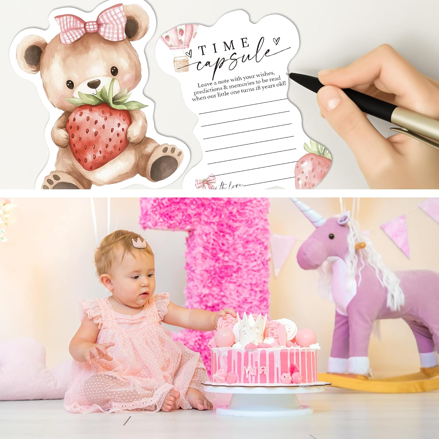 Baby Time Capsule Box 1St Birthday - Time Capsul For First Birthday Party Games, Guest Messages & Milestone Memories For Baby Boy Or Girl, 50 Pcs Strawberry Bear Theme Cards -A10