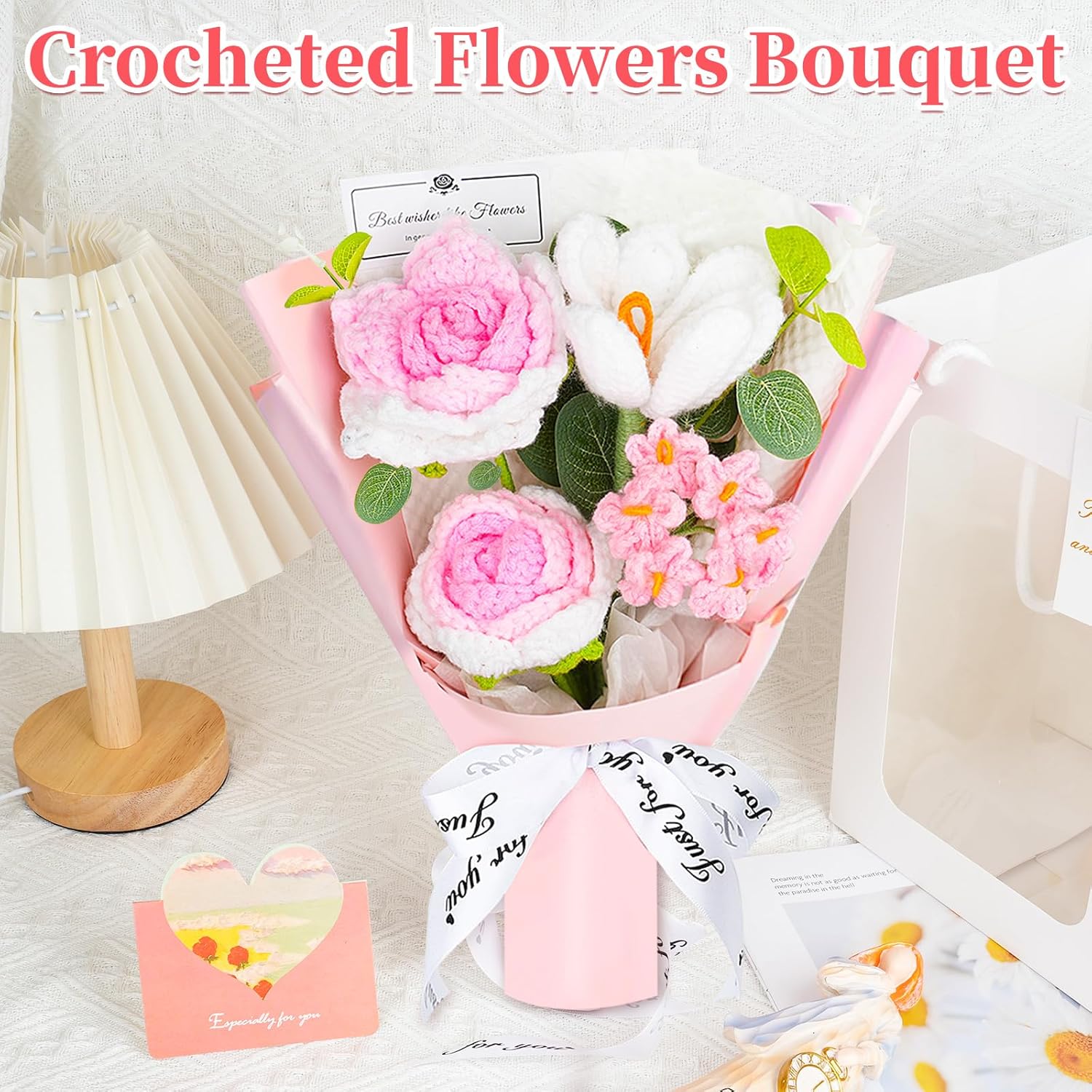 Crochet Flower Bouquet Handmade Crocheted Flowers - Elegant Rose, Tulip & Forget Me Not Set, Diy Home Decor, Wedding Gift, Mother’S Day Present, Spring Decoration