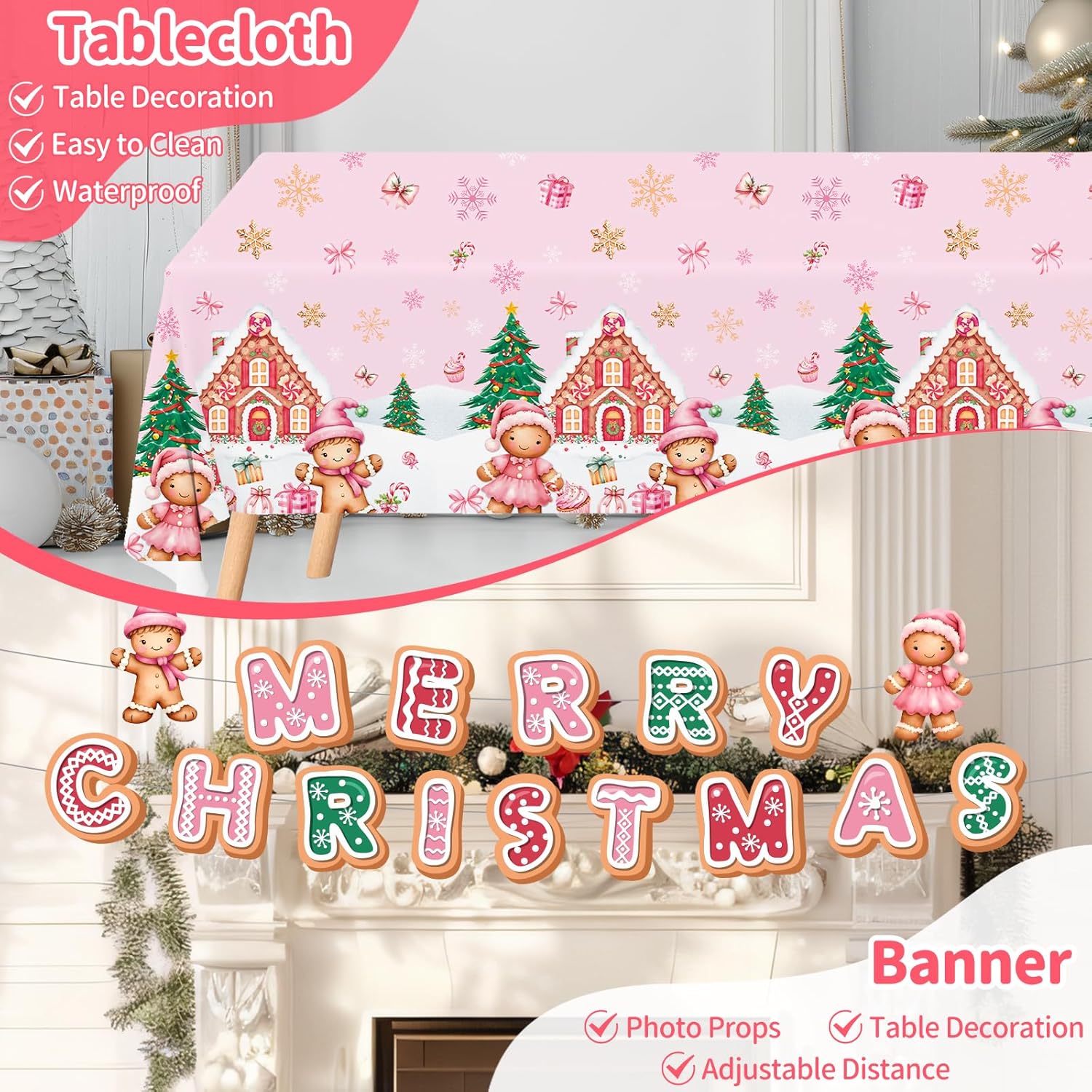 142 Pcs Pink Christmas Gingerbread Party Decorations Merry Christmas Cookie House Gingerbread Man Party Supplies Candy Tree Paper Plates And Napkins Banner Tablecloth For Xmas Birthday Gender Reveal