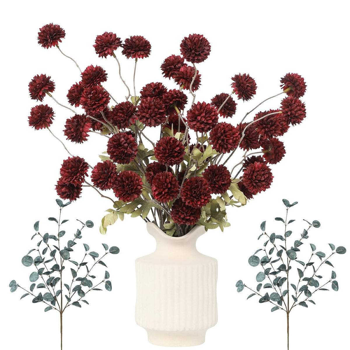 Artificial Flowers For Vase Kiku 8 Stems & 2 Eucalyptus,Fake Flowers Stems For Diy Wedding Bouquets Centerpieces Vase Home Table Kitchen Decorations