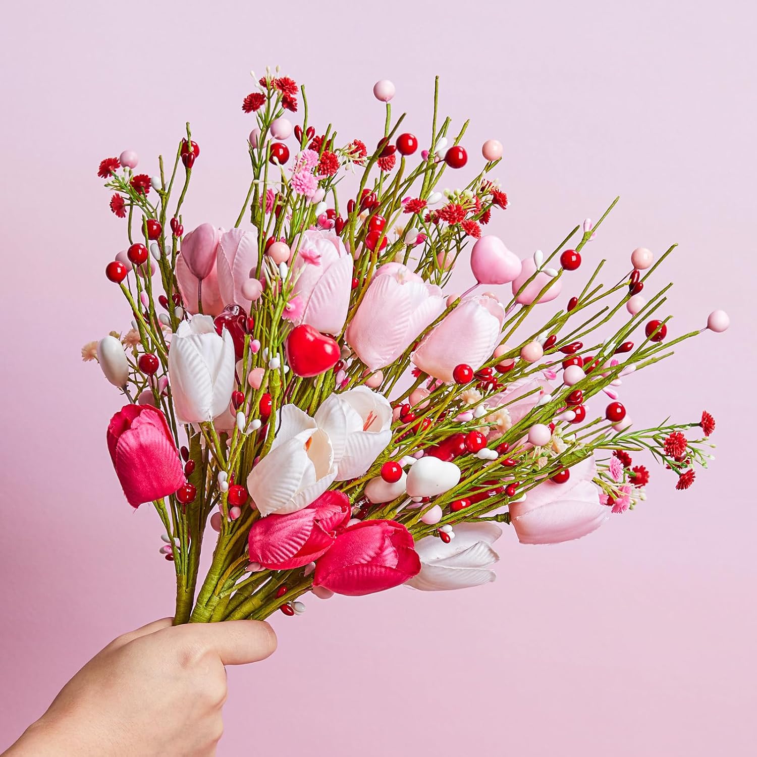 6Pcs Valentine'S Day Artificial Flowers, 15.7 Inch Tulip Heart Stems With Pink White Berries For Vase Centerpiece, Wedding Home Decor