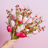 6Pcs Valentine'S Day Artificial Flowers, 15.7 Inch Tulip Heart Stems With Pink White Berries For Vase Centerpiece, Wedding Home Decor