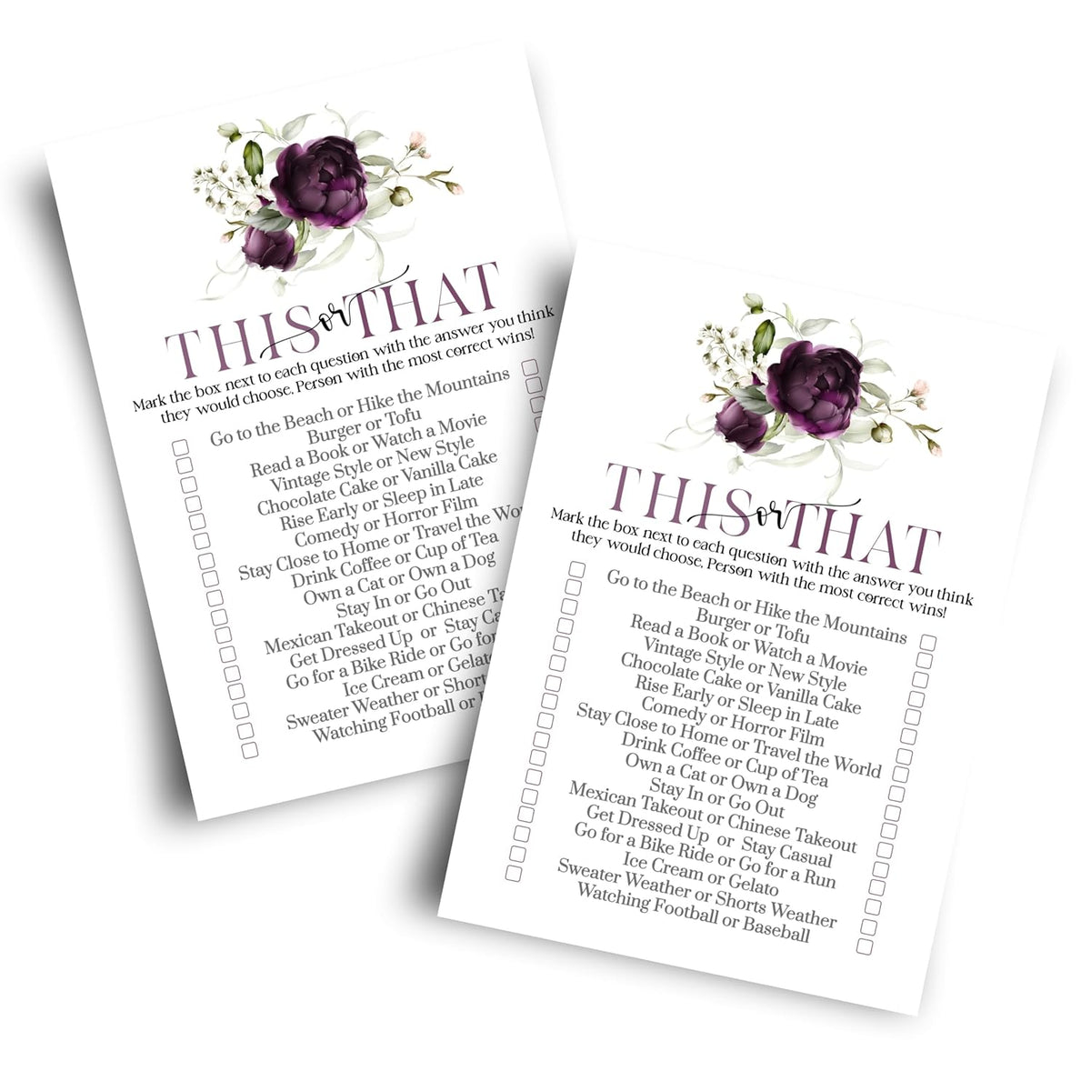 Purple Passion Bridal Shower Games - Would She Rather & This Or That Game - 25 Card Pack For Graduation Parties, Rehearsal Dinners & Birthdays - Modern Floral Design