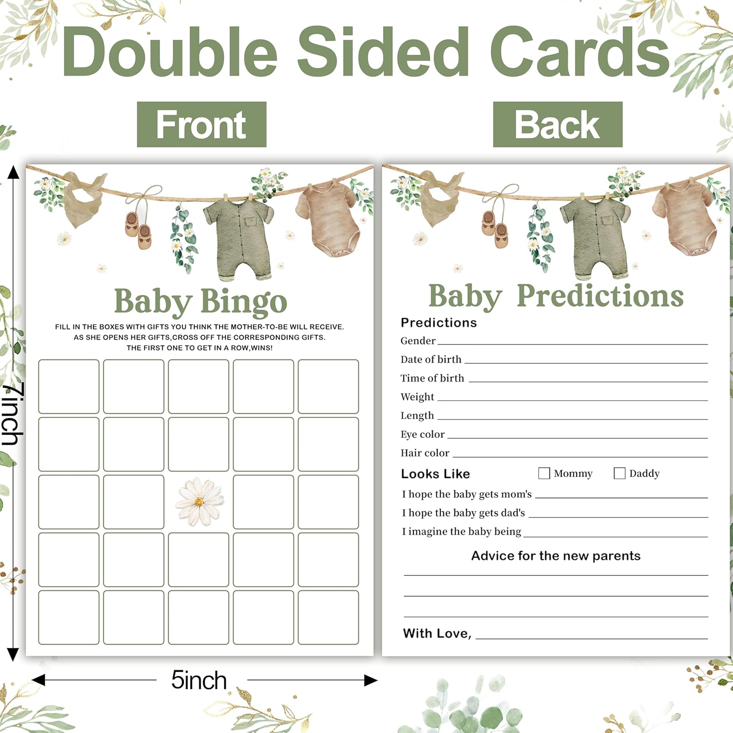 Baby Shower Games For Boys, Bingo Game For 25 Guests, Fun Mommy Or Daddy Prediction Game, Would She Rather Sage Green Baby Shower Decorations Ideas