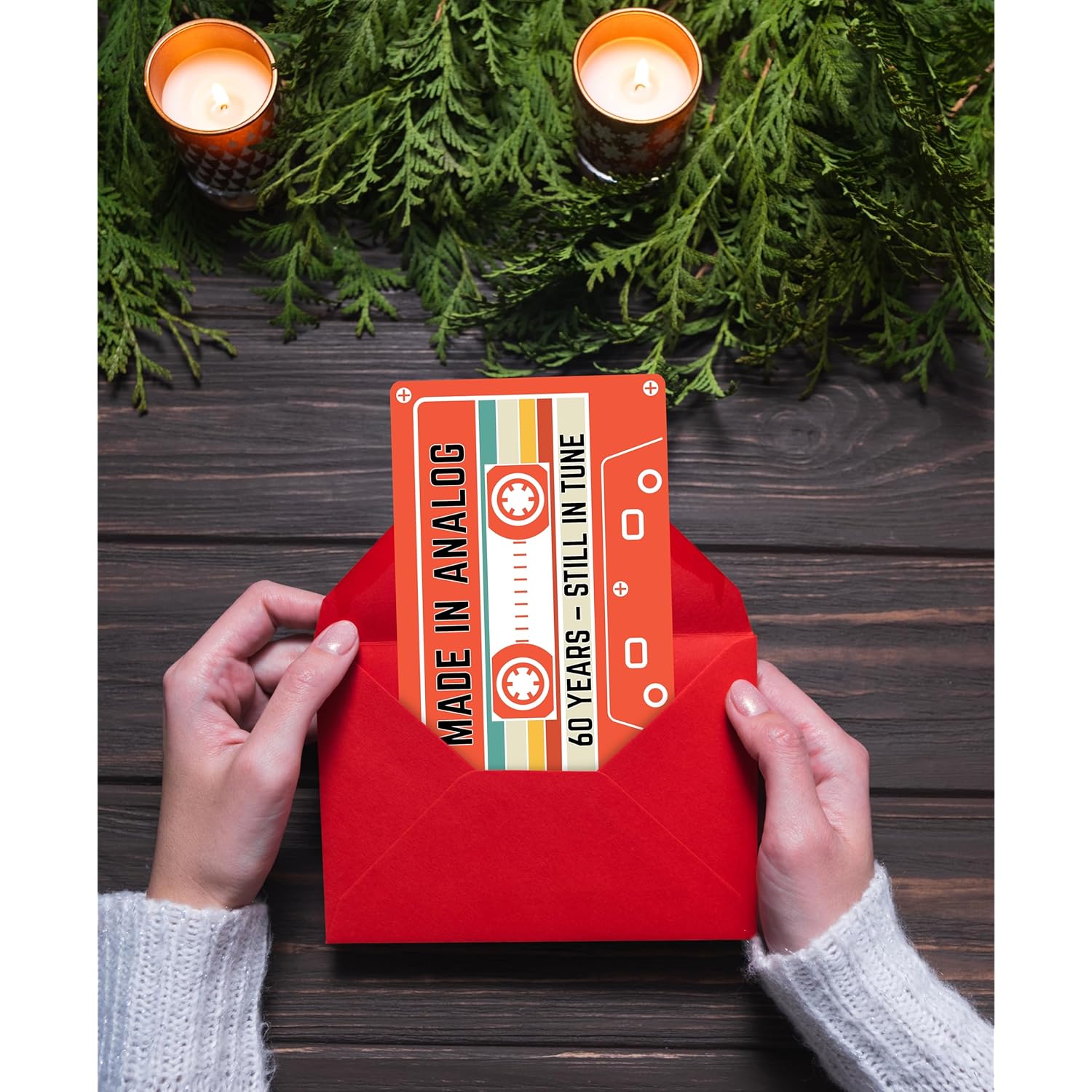 60Th Birthday Gift – Retro Cassette Tape Design – Made In Analog, Still In Tune – 60 Year Old Greeting Card For Him Or Her – 4.5X7Inch With Red Envelope, Sticker