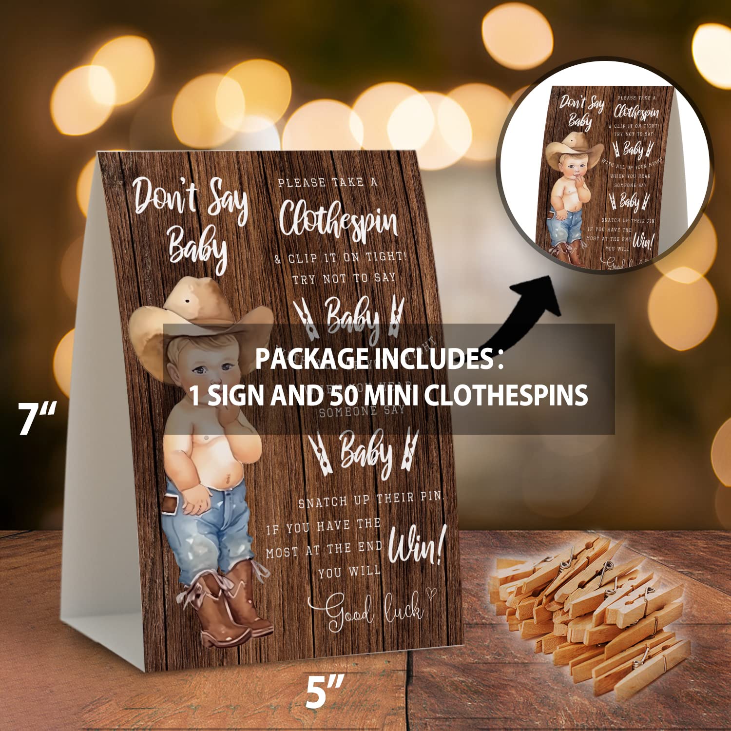 Don'T Say Baby Clothespin Games,Cowboy Baby Shower Game (Pack Of 1 Sign And 50 Mini Clothespins),Baby Shower Decorations,Baby Shower Game Gender Neutral,Party Favors Supplies - 08