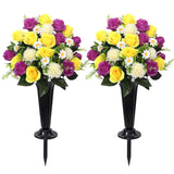 Cemetery Flowers For Grave,Artificial 24 Heads Large Chrysanthemums Rose Daisy With Cemetery Vase,Artificial Cemetery Flowers For Outdoor Grave Decorations (Purple, 24 Head)