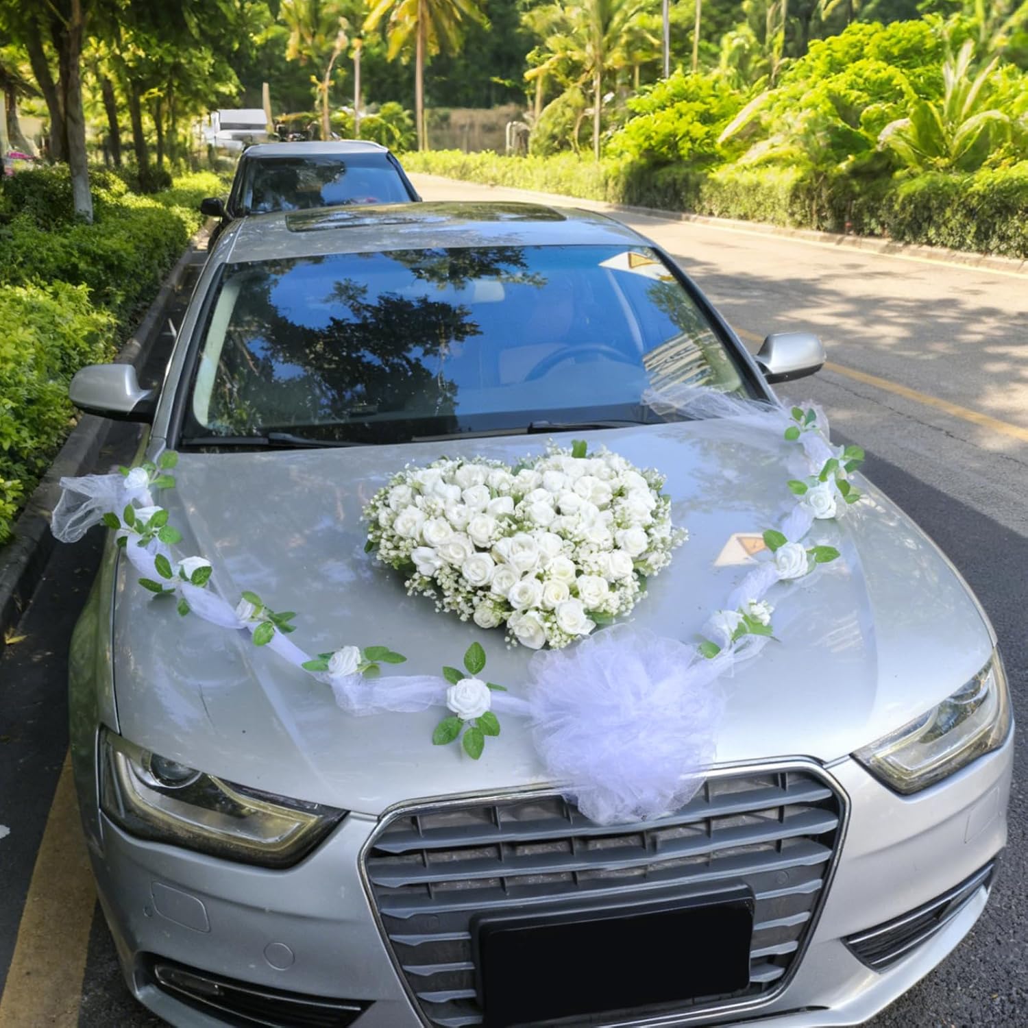Wedding Car Decorations – Artificial Flower Ball Bouquet & White Yarn Balls Tulle Ribbon Set, Artificial Flowers With Suction Cups, Just Married Decor Cars Bow For Bridal Shower Ceremony