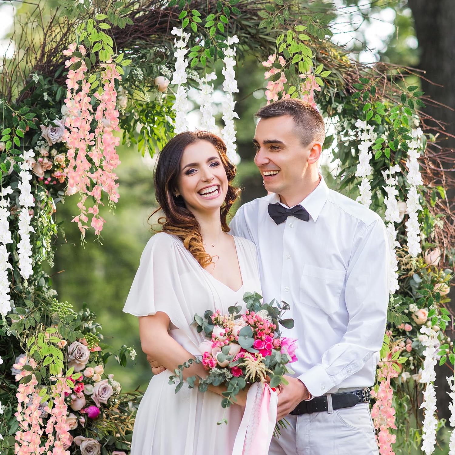 12Pcs Artificial Wisteria Hanging Flowers, 3.6Ft/Pcs White & Pink Fake Wisteria Garland For Wedding Party Home Garden Indoor Outdoor Decoration